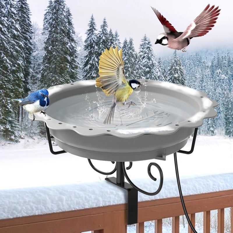 We-buys Heated Bird Baths for Outdoors, 100W Heated Bird Bath for Deck Railing, Heated Birdbath with Thermostat Control, Heated Bird Bath for Outside Winter Garden Patio Yard (Gray) - Image 1